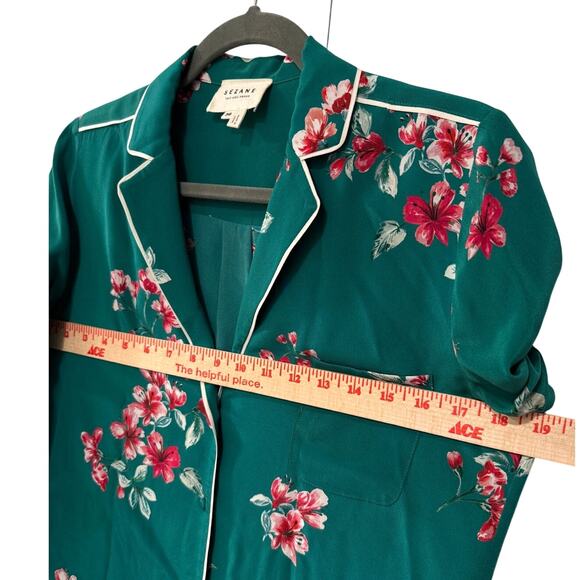 Sezane 4 Elisa 100% Silk Pajama Blouse Floral White Piping Covered Buttons Green - Picture 5 of 8